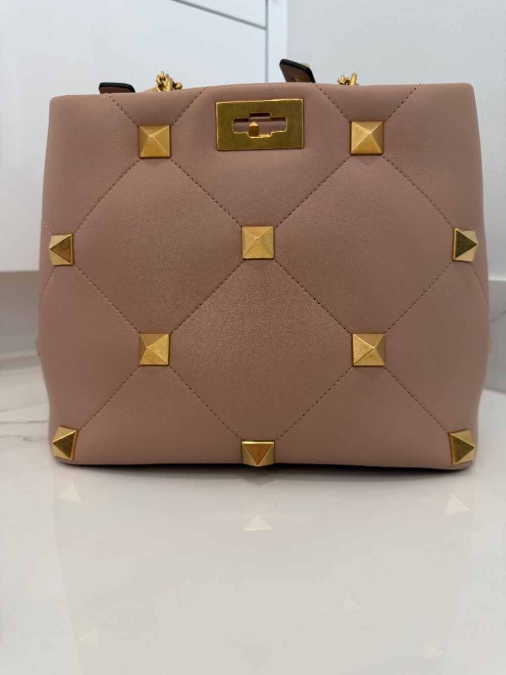 Valentino Garavani Roman Stud Top Handle Leather Bag Blush Pink Gold Hardware